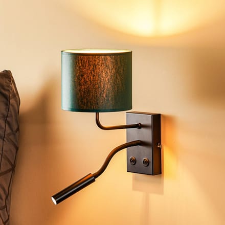 Luminex Wandlamp Soho, cilindrisch, leeslampje groen/goud