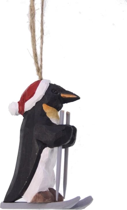 Ornament Pinguïn op ski's, hout 6x5x8,5cm