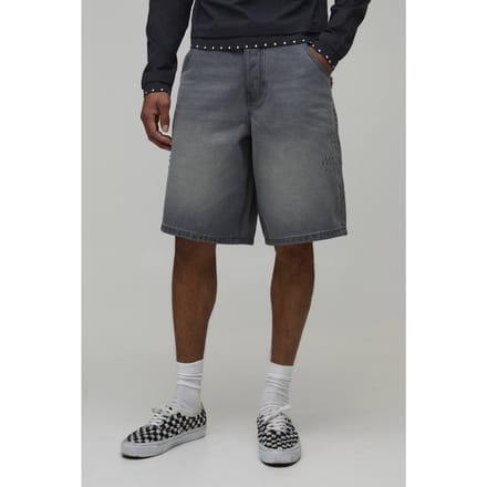 Wijde Stijve Versierde Distressed Denim Shorts Met Zakdetail | Grey | Size 36