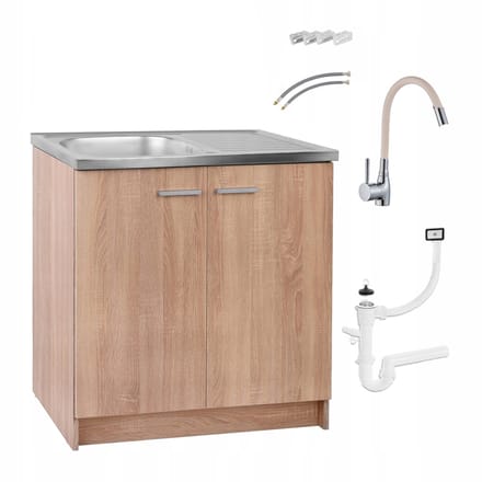 STAMAR - Keukenonderkast 80 cm met RVS spoelbak, beige flexibele keukenkraan en sifon - sonoma eiken