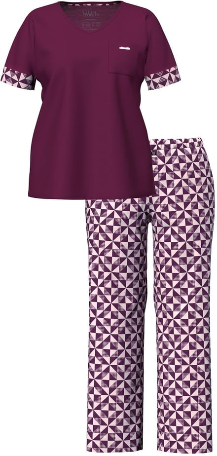 Ulla Popken - Dames - Pyjama ruitjespatroon V-hals korte mouw - Donker bes - Maat 50+