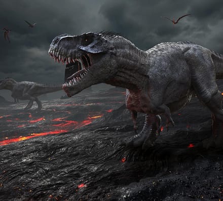 Dinosaurus T-Rex vulkanisch einde der aarde - Fotobehang (in banen) - 450 x 260 cm