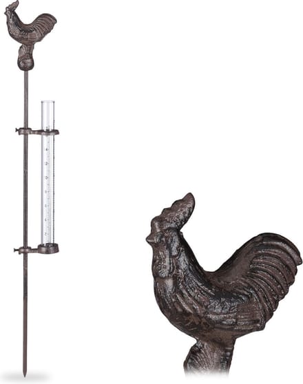 regenmeter - haan - grondpen - 17cm - glazen houder - tuinsteker - metaal - brons