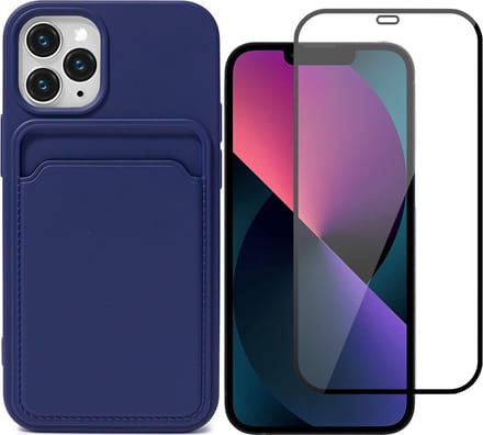 Hoesje Pasjeshouder geschikt voor iPhone 12 Pro Max Blauw - Siliconen Case Back Cover + Full Screen Protector Glas Screenprotector