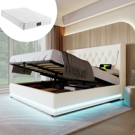 MODFU Bedframe 140x200 cm – Wit PU – Met LED, USB-C, opbergruimte & matras – Wingback design