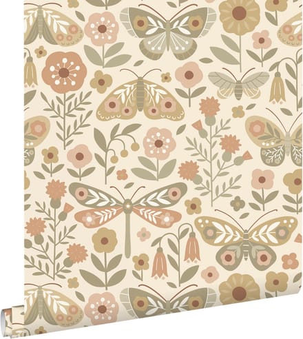 ESTAhome behang bloemen & vlinders groen en beige - 50 x 900 cm - 131879