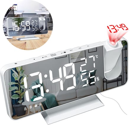 OKWISH Projectieklokken – LED Projectie Wekker Met Instelbare Helderheid, Temperatuurweergave En Schlaftimer – ABS – Wit