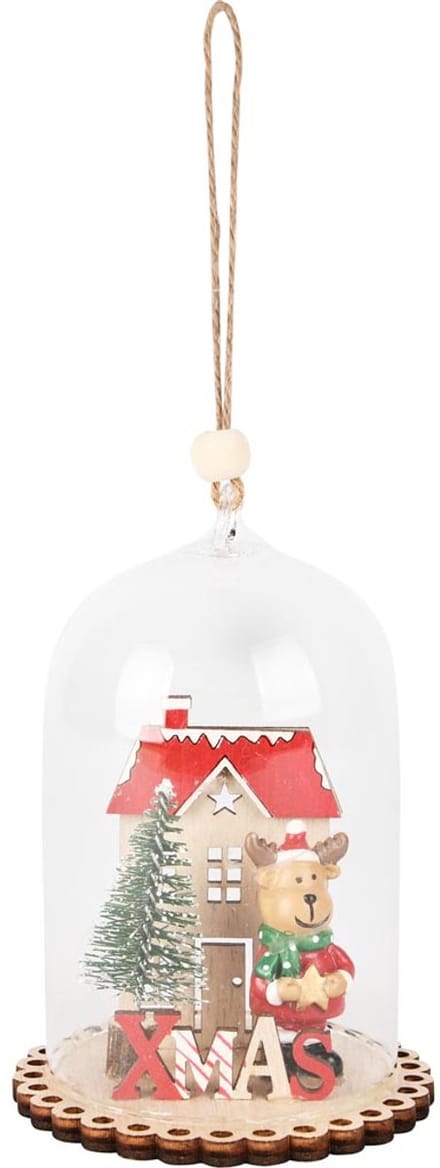 Dekoratief | Hanger globe m/rendier, rood/naturel, hout/glas, 8x8x11cm | A255381