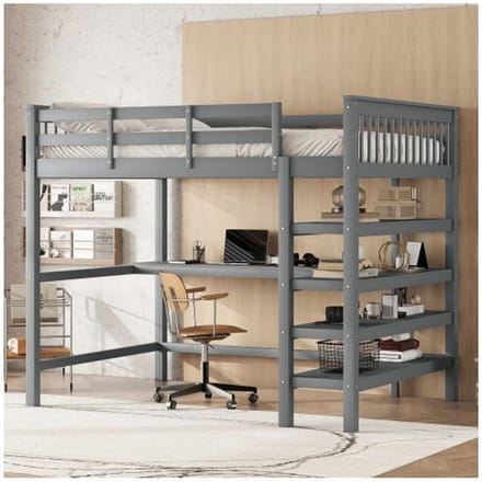 Lit surélevé pour enfants - MUVOE - 140 x 200 cm - Bureau intégré - Rangement sous le lit - Gris