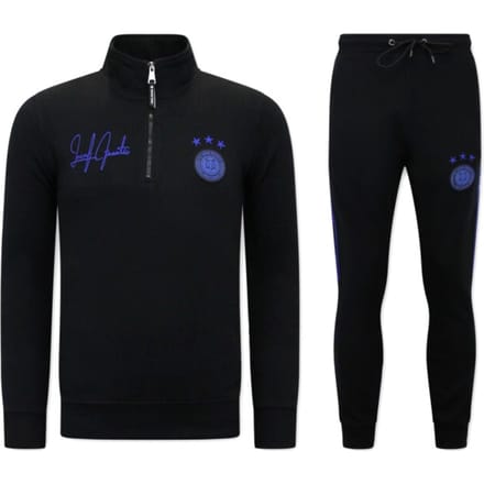 Heren Joggingspak - Half Zipper, Double Ribbon - Zwart / Blauw