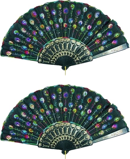 Spaanse handwaaier - 4x - zwart - pailletten - kunststof/polyester - 24 x 44 cm