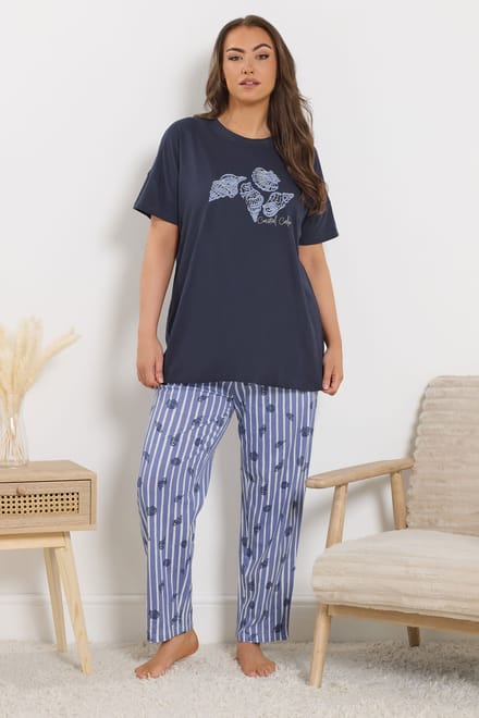 Yours Blauwe 'Coastal Calm' Gestreepte Pyjamaset Size 46-48