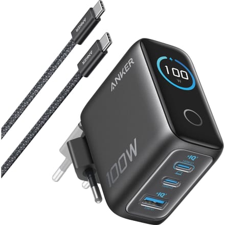 Anker Oplader - 100W Max USB C Oplader - 3-poorts GaN Wandadapter met Slim Display en Touchbediening - Inclusief USB-C Kabel