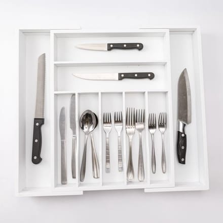 Uitschuifbaar bestekbak - Besteklade - 7 Vaks -> Uitschuifbaar naar 9 Vakken - Bestekbakken organizer - Bamboe - Wit