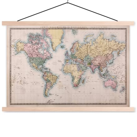 Schoolplaat - Wereldkaart Vintage - Posterhanger - Textielposter - 150x100 cm