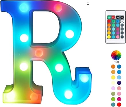 Lichtgevende Letter R - 22 cm Hoog - RGB Met Afstandsbediening - Op Batterijen