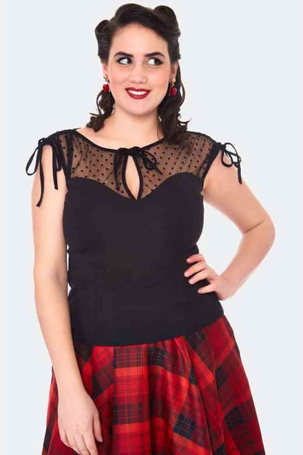 Voodoo Vixen - Heart Patterned Mesh Sleeveless Top - M - Zwart