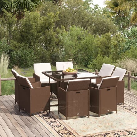 vidaXL - 9-delige - Tuinset - met - kussens - poly - rattan - bruin