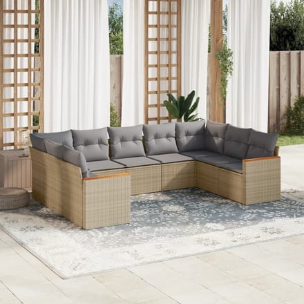 vidaXL - 9-delige - Loungeset - met - kussens - poly - rattan - gemengd - beige