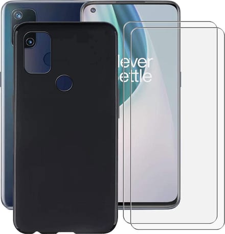 Silicone hoesje zwart met 2 Pack Tempered glas Screen Protector Geschikt voor: OnePlus Nord N10