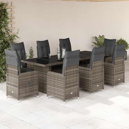 vidaXL - 9-delige - Bistroset - met - kussens - poly - rattan - grijs