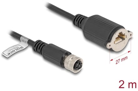 Delock M12 Cable D-coded 4 pin female to RJ45 jack for installation Cat.5e FTP 2 m black
