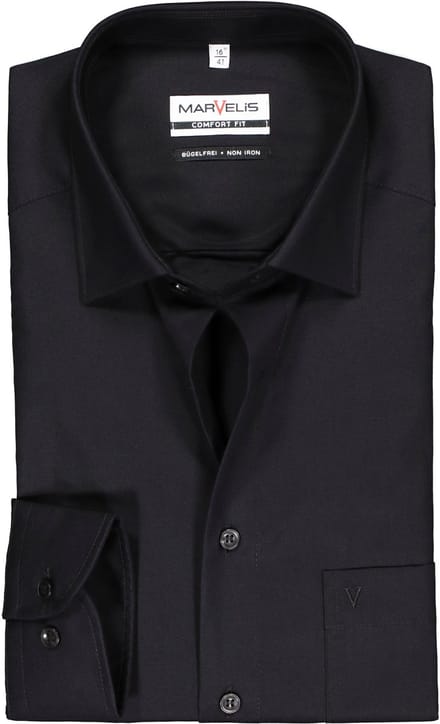 MARVELIS comfort fit overhemd - zwart - Strijkvrij - Boordmaat: 39