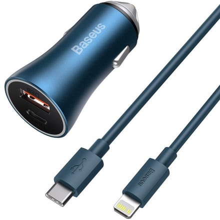 Baseus Golden Contactor Pro car charger USB + USB-C QC4.0+ PD SCP 40W (blue) + USB-C - Lightning cable 1m (blue)