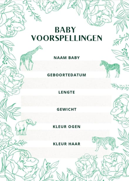 Babyshower invulkaarten - voorspellingskaarten - planten - dieren - 25 stuks