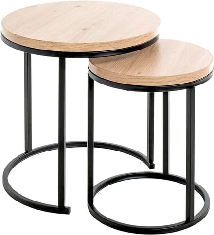 Set van 2 Moderne Bijzettafels - Eikenlook en Zwart Metaal - In Hoogte Variërend