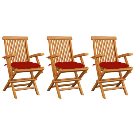 vidaXL - Klapstoelen - met - rode - kussens, - 3 - stuks, - massief - teakhout