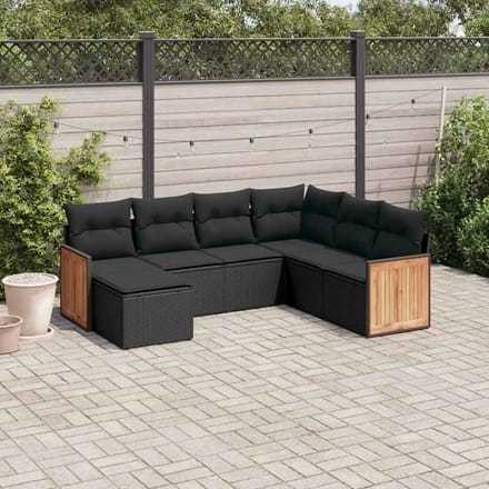 vidaXL - 7-delige - Loungeset - met - kussens - poly - rattan - zwart