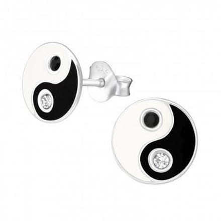 Zilveren kinderoorbellen - yin yang met onyx en kristal
