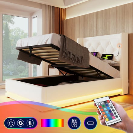 Wishdor – Opbergbed met LED en USB – 90 x 200 cm – Klassiek wingback design – PU – Wit