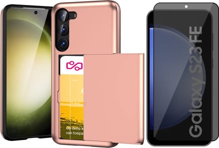 Hoesje met Pasjeshouder geschikt voor Samsung Galaxy S23 FE - Privacy Screen Protector FullGuard - Back Cover SlideCase Roségoud & Screenprotector
