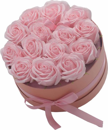 Zeep Bloemen Geschenkset - 14 Roze Rozen - Rond - 23x23x15cm