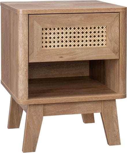 sweeek - Nachtkastje met 1 lade en 1 vak, houtdecor en rieteffect, eucalyptuspoten