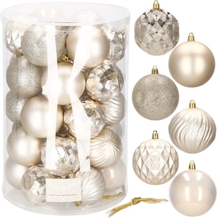 Springos Kerstballen | Kerstversiering | Onbreekbaar | 30 Stuks | 8 cm | Beige/Goud Tinten
