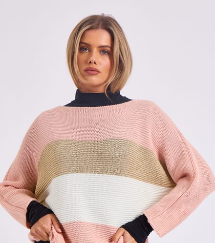 Gestreepte gebreide oversized trui met V-hals