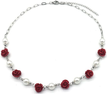 Ketting met Parels en Rozen - RVS - Lengte 39-44 cm - Zilverkleurig