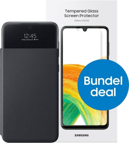 Samung Galaxy A33 bundel - met Screenprotector, Clear view hoesje - Zwart geschikt voor Samsung Galaxy A33