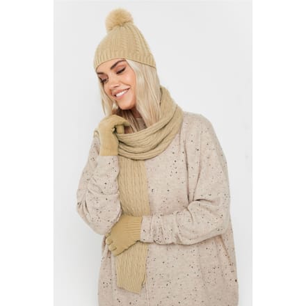 Yours Beige Bruine Kabelgebreide Muts, Handschoenen En Sjaalsetsize One Size