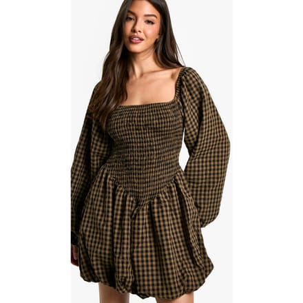 boohoo Dames Check Shirred Long Sleeve Puff Sleeve Mini Dress | Bruin | Maat: 40