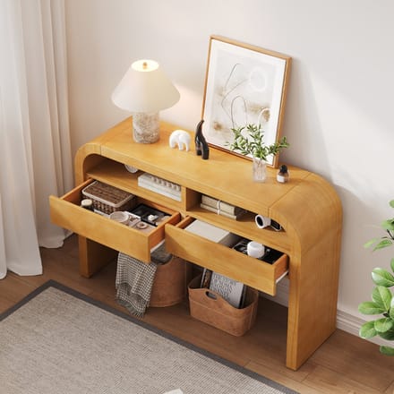 OKWISH Consoletafel - Gebogen Frontontwerp - Haltafel Voor Hal En Woonkamer - MDF Naturel - 120×35,5×76,5 Cm