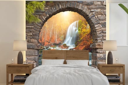 Behang - Fotobehang Doorkijk - Waterval - Herfst - Landschap - Breedte 280 cm x hoogte 280 cm
