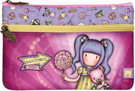 Platte Etui met 2 Vakken, Roze Fairground Design, Formaat 23 x 15,5 cm