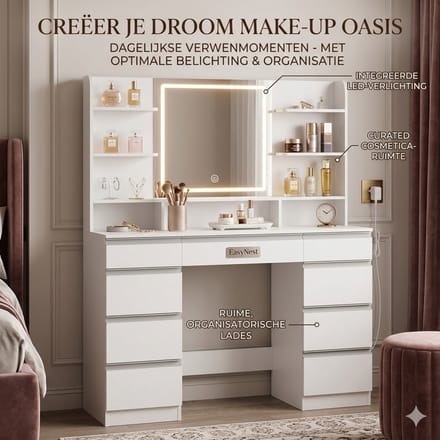 Luxe Kaptafel met LED Spiegel en Opbergruimte – Kaptafel met 9 Laden & Open Planken – Moderne Sieraden Organizer Wit/Goud