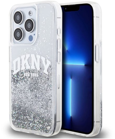 DKNY Liquid Glitter Arch Logo Back Case - Geschikt voor Apple iPhone 14 Pro (6.1") - Wit/Zilver