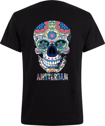 T-shirt heren - Zwart Neon Tshirt Skull Tatoo Amsterdam M- day of the dead - dag van de doden -