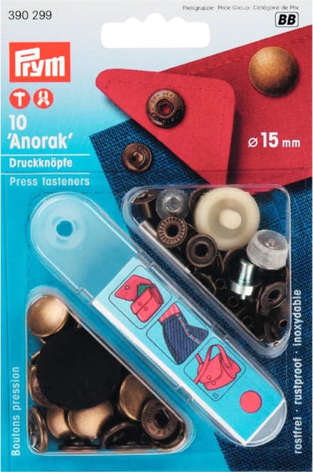Naaivrijdrukknopen ANORAK 15 mm oudmessing 10 st. - Drukknopen Anorak - Prym